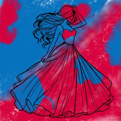 realistic woman with dress flowing in the wind