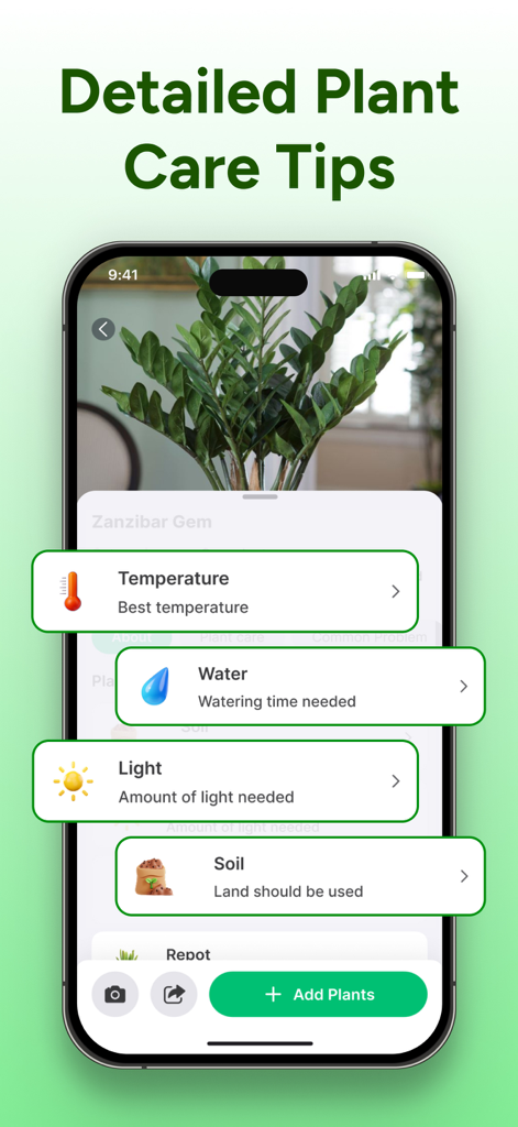 PlantCheck: Plant Identifier - Pantalla de la aplicación PlantCheck mostrando los requisitos de cuidado detallados para una planta de Gemela de Zanzíbar, incluyendo agua, luz y temperatura.