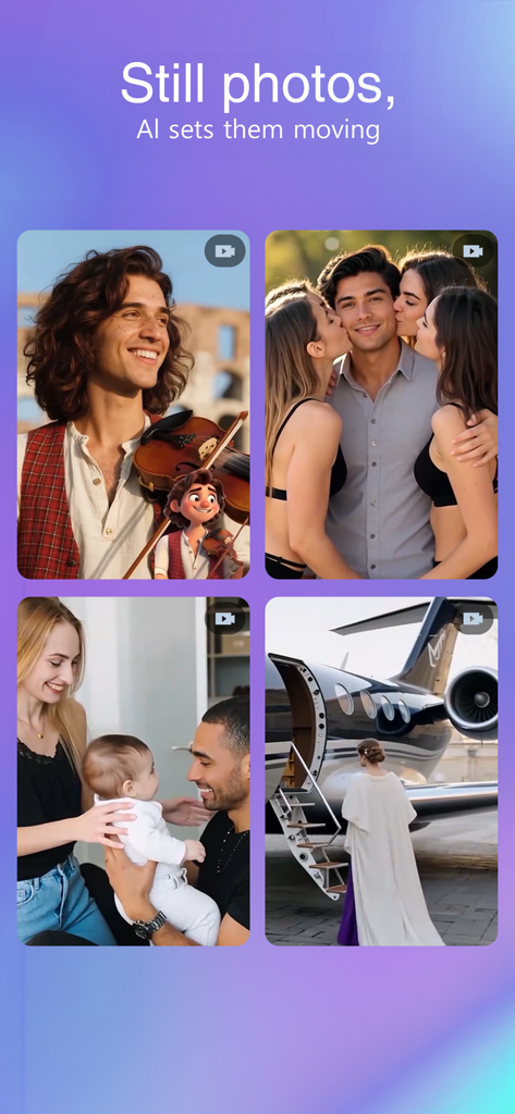 Anime AI - Exibição do recurso do aplicativo Anime AI transformando fotos estáticas em vídeos animados e transformações de personagens