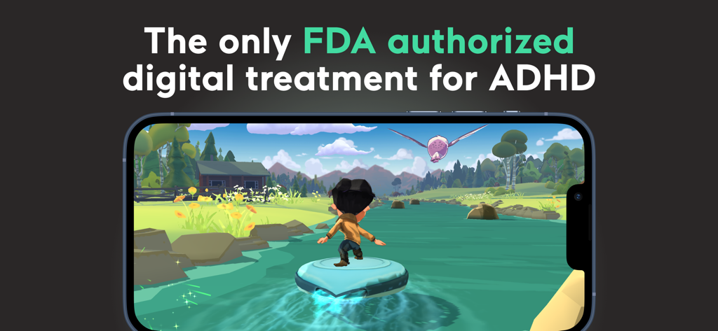 FDA 승인 디지털 ADHD 치료에 대한 텍스트 아래 EndeavorOTC 게임 플레이를 표시하는 스마트폰