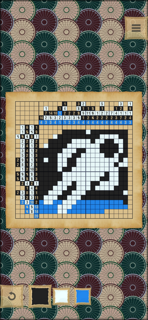 Una griglia di puzzle di logica parzialmente completata nell'app Nonograms CrossMe che mostra un'immagine emergente su uno sfondo decorativo.