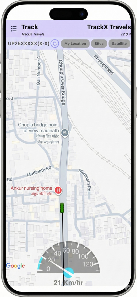 Track-X - Track-X mobile App zeigt den Echtzeit-Fahrzeugstandort auf einer Karte mit aktueller Geschwindigkeitsanzeige