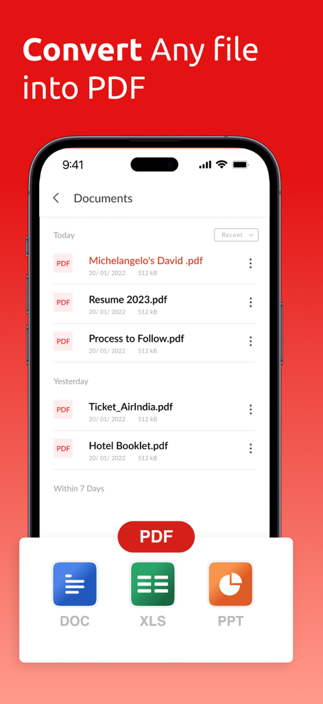 Word、Excel、PowerPoint文書をPDF形式に変換する様子を示すモバイルアプリ画面