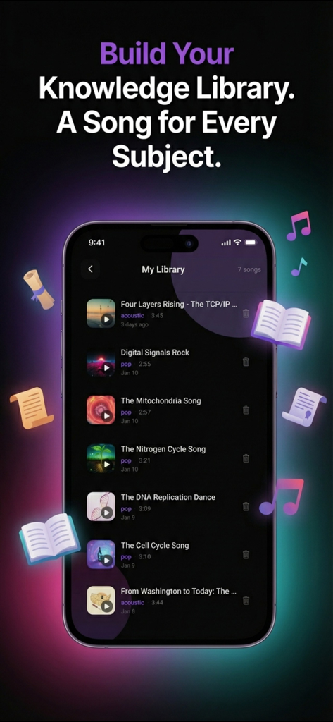StudyBeats: AI Song Generator - A mobile app interface displaying a library of study songs generated by AI for subjects like biology and history