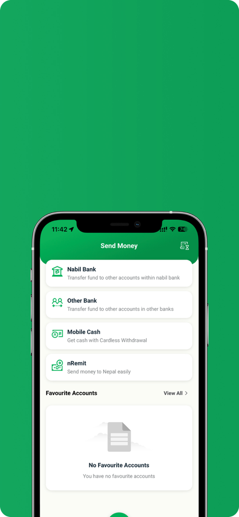 nBank mobile app screen showing options for internal and external bank transfers as well as international remittance via nRemit