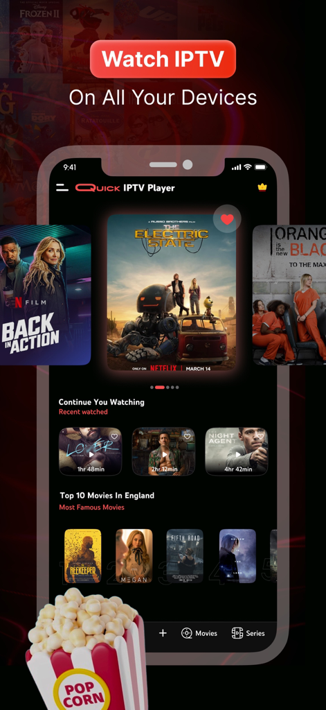 Oberfläche der IPTV Live Player App mit Filmkategorien und Fortsetzungsbereich auf einem Mobilgerät