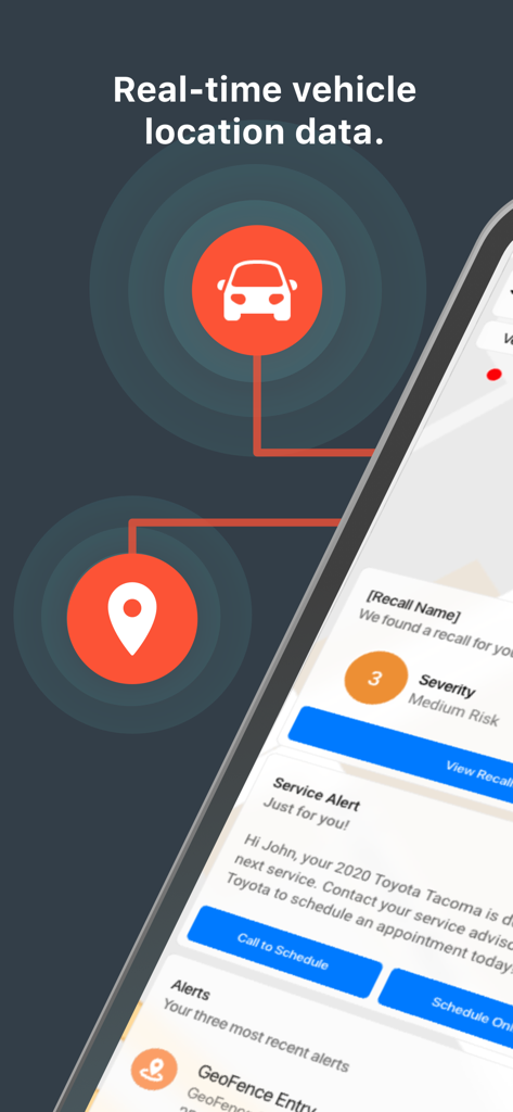 LoJack - Schermata dell'app mobile LoJack che mostra i dati di localizzazione del veicolo in tempo reale e gli avvisi di sicurezza