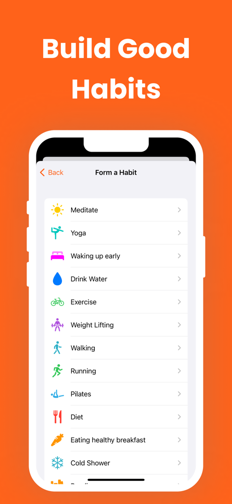 Day Counter & Tracker - Since - 瞑想、ヨガ、エクササイズなどのさまざまな毎日の目標をリストしたSinceアプリの「習慣を形成する」画面。