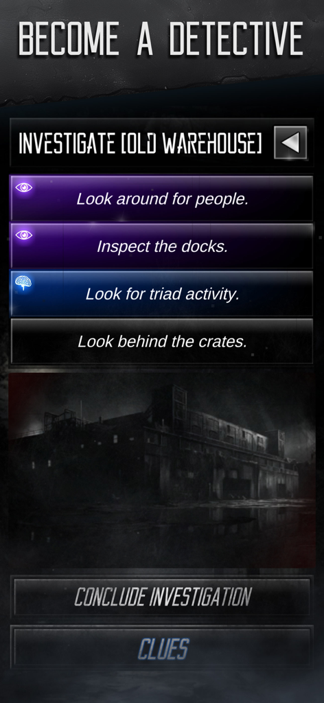 Murder Mystery Detective Story - Gameplay-Bildschirm mit Optionen zur Detektivermittlung für einen alten Lagerhaus-Tatort
