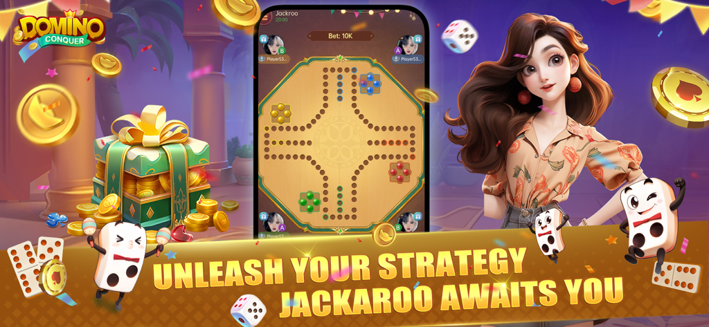 Conquer Domino - Conquer Domino promotional banner featuring a Jackaroo game board on a mobile screen with a stylized female character and gold coins.
