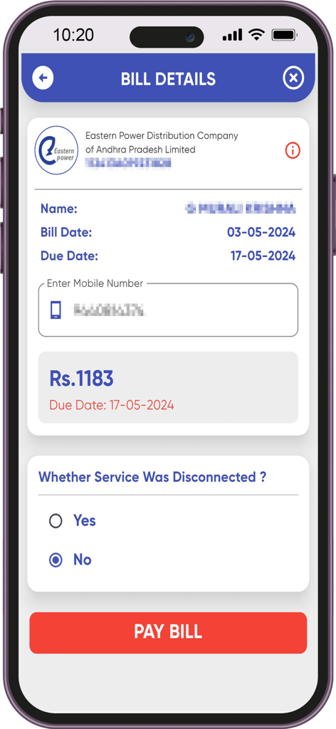 Eastern Power - Electricity bill details screen in the Eastern Power app with a pay bill button