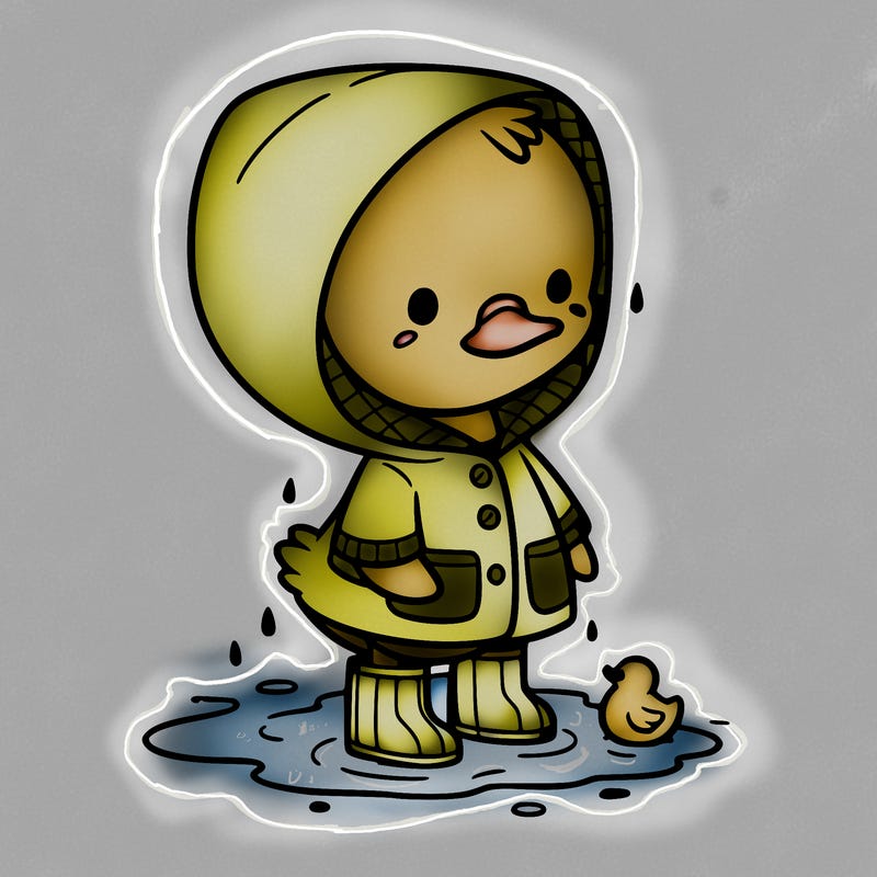 baby duck in a rain coat and boots, in a puddle while it’s raining