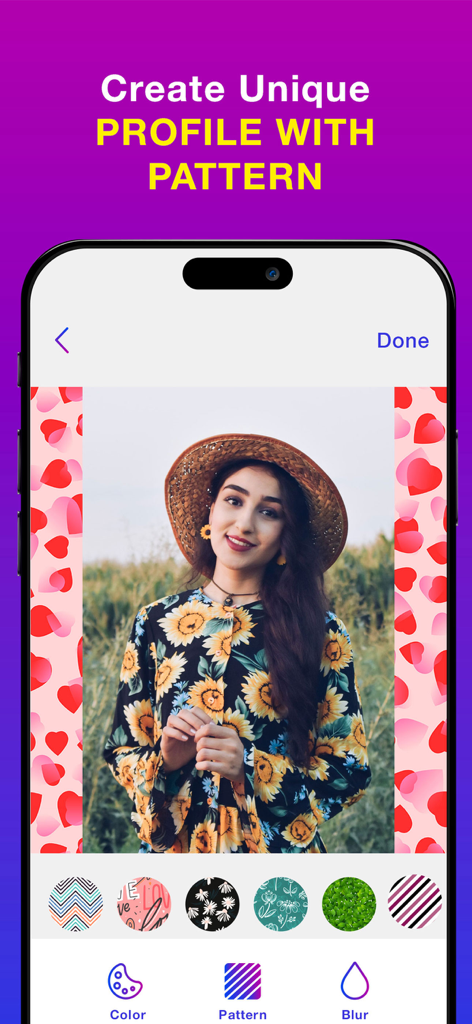 A mobile interface for an app showing how to add a heart pattern background to a portrait photo using the no crop feature