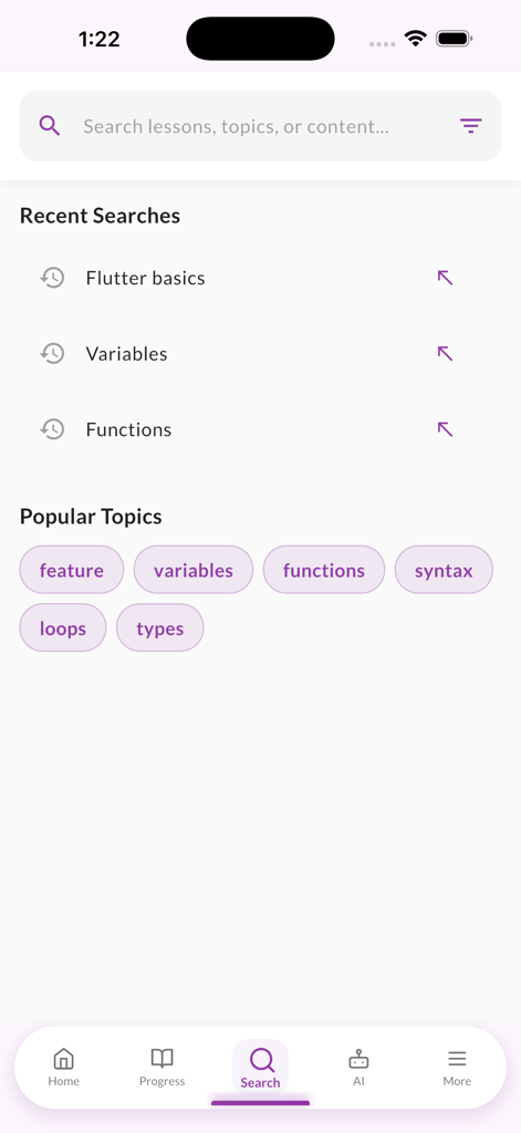 Schermata di ricerca dell'app Learn C# Programming Offline che visualizza ricerche recenti e argomenti di codifica popolari come variabili e funzioni.