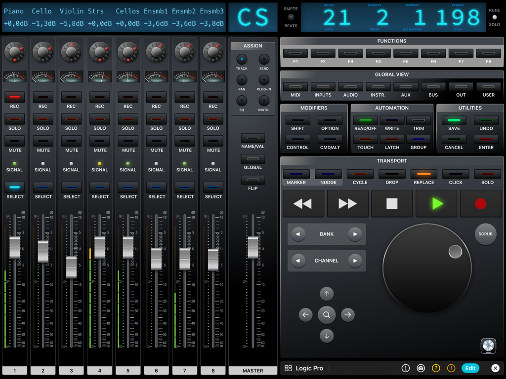 ONE Control Plus - Interface de mixer digital ONE Control Plus para Logic Pro no iPad apresentando faders de canal, controles de transporte e um jog wheel