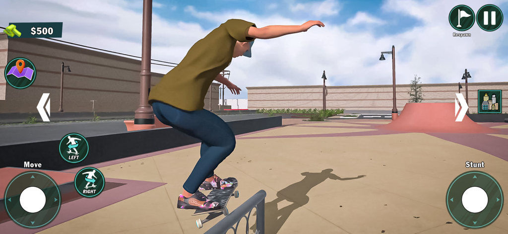 A person skateboarding in a 3D urban environment in Skate Simulator Snow Flip Game.