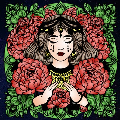 complex mandala indian woman with peonies and roses