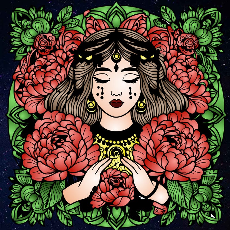 complex mandala indian woman with peonies and roses