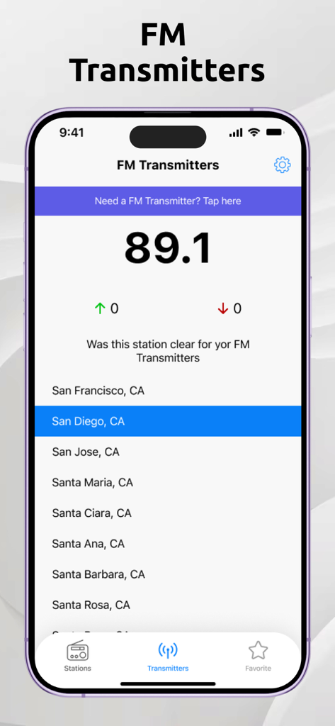 Radio App - FM Transmitter - Interfaccia di un'app mobile che mostra una frequenza radio FM limpida per San Diego, California