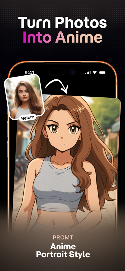 Superlook: AI Video & Photo - Uma comparação lado a lado mostrando um retrato real transformado em um personagem estilo anime usando o aplicativo Superlook AI.