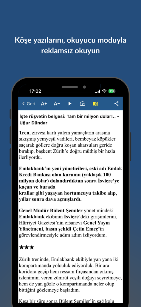 Köşe Yazarları - Yazaroku.Com - A mobile phone screen showing a Turkish columnist article in a clean ad-free reader mode interface.