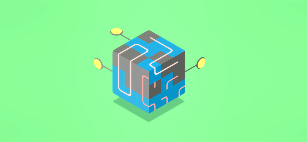 A minimalist 3D isometric puzzle where pink lines are connected on a cube