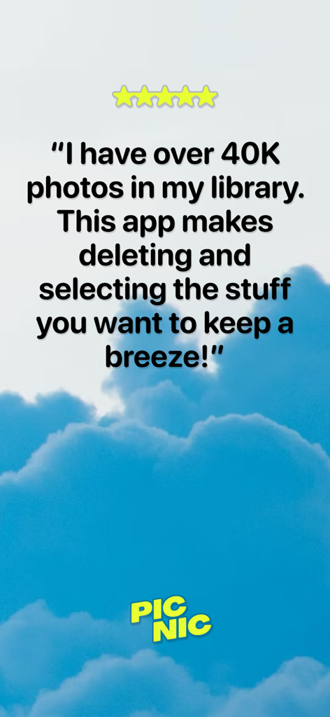 Five star user testimonial for Picnic Photo Organizer describing the app as a breeze for managing large photo libraries