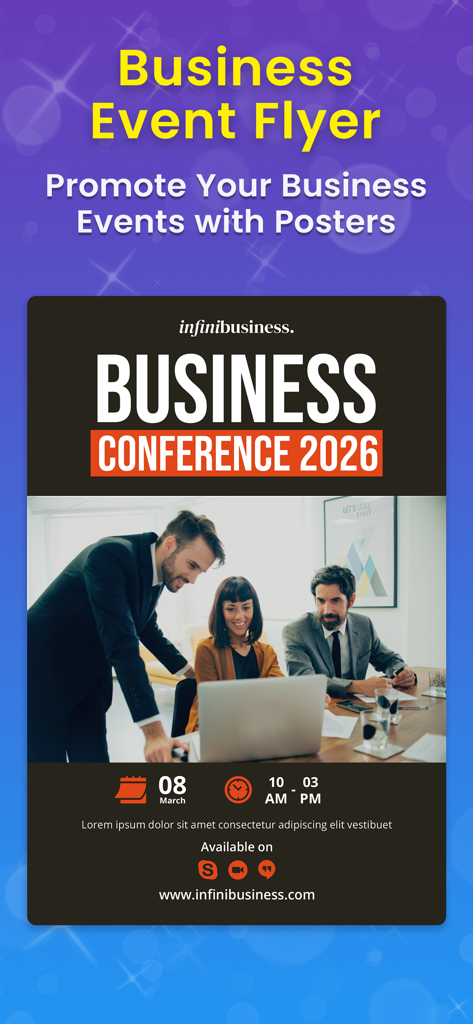 Modèle de flyer professionnel pour une conférence d'affaires avec une photo d'équipe et les détails de l'événement créé avec Pixeen