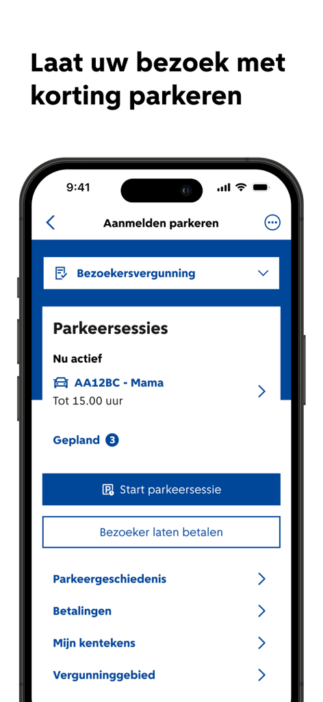De Amsterdam App - Interface of De Amsterdam App showing the visitor parking registration screen with an active parking session and menu options for payments and history.