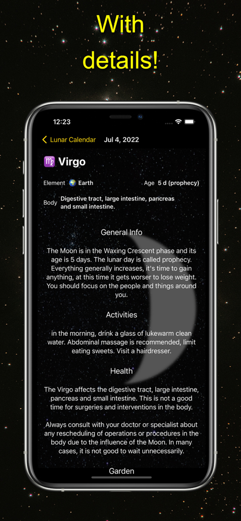 EzoManager – esoteric planner - Smartphone screen displaying EzoManager app with detailed lunar calendar information for the zodiac sign Virgo