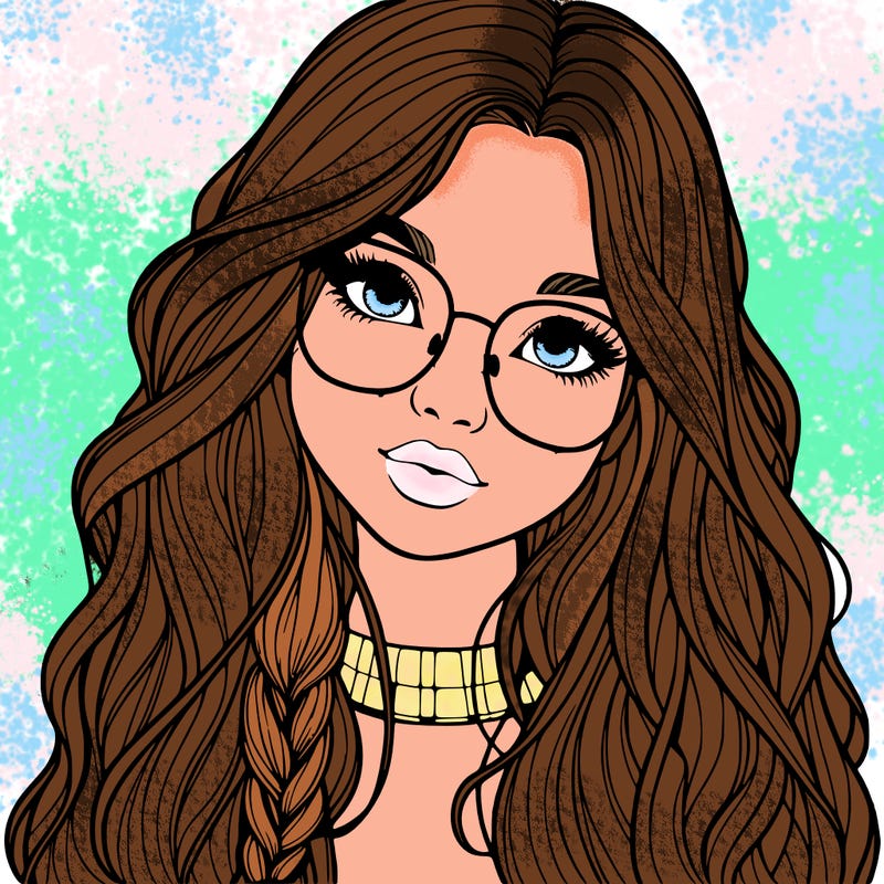 girl with long hair and freckles and glasses realistic