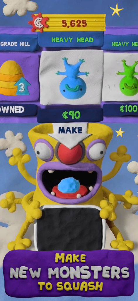 Clay Jam Classic - In game screen showing the monster creation menu with a large yellow clay monster and options to make new creatures to squash.