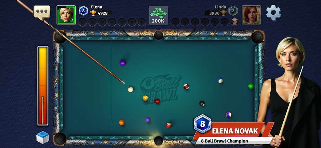 8 Ball Brawl: Pool & Billiards - A competitive 1v1 pool match in 8 Ball Brawl on an ornate billiards table.