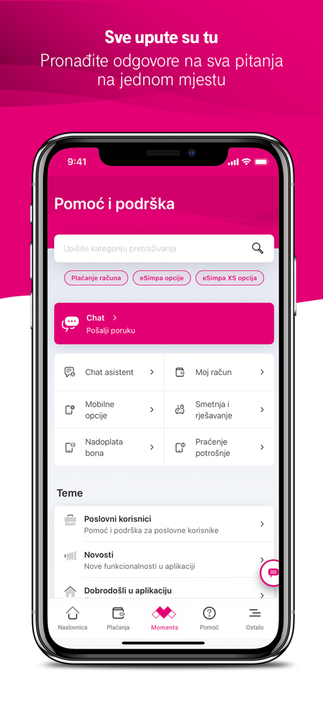 Moj Telekom HR app help and support screen showing chat and self-service options