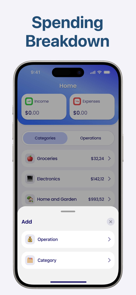 Interfaz de aplicación móvil que muestra el desglose de gastos por categoría y el resumen de ingresos y gastos.
