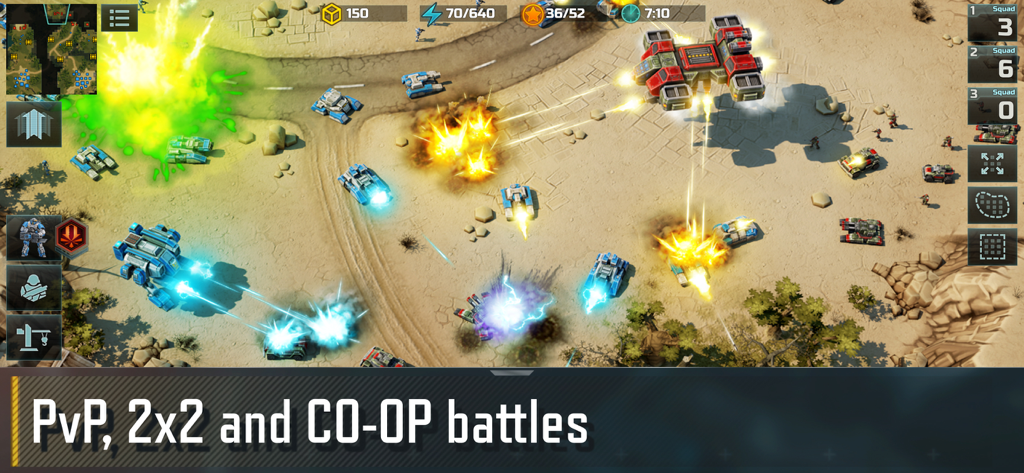 Batallas PvP y CO-OP en tiempo real en Art of War 3 con tanques y aviones en una zona de combate desértica