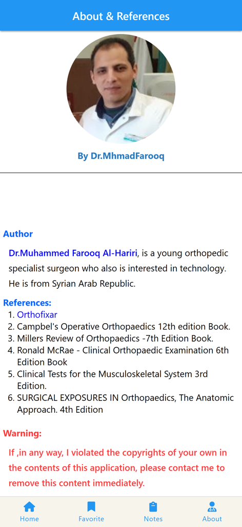 Bildschirm 'Über und Referenzen' mit der Autorenbiografie und einer Liste medizinischer Lehrbücher, die in der orthopädischen App verwendet werden.