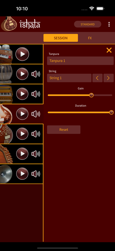 iShala - Interface de l'application iShala affichant les paramètres du tanpura et une liste d'instruments de musique classique indienne.