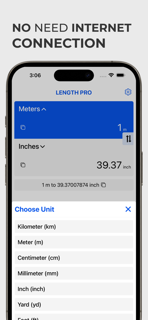 長さ換算アプリのスクリーンショット。単位選択メニューとオフライン機能のメッセージが表示されている。