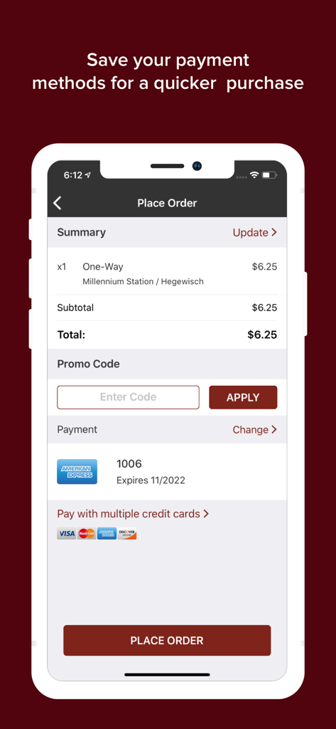 South Shore - Checkout screen of the South Shore app showing a one-way ticket order summary and saved payment method.