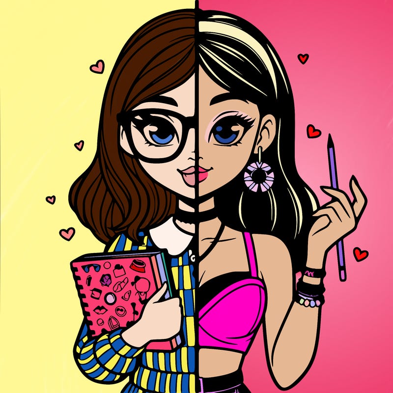 split with one side of girl nerd and one side popular