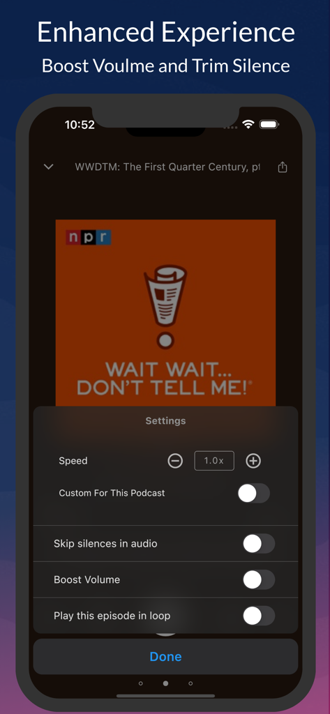 AI Podcast Player: Podurama - Schermata dell'app Podurama che mostra le impostazioni di miglioramento audio tra cui salta silenzi e aumento del volume per i podcast