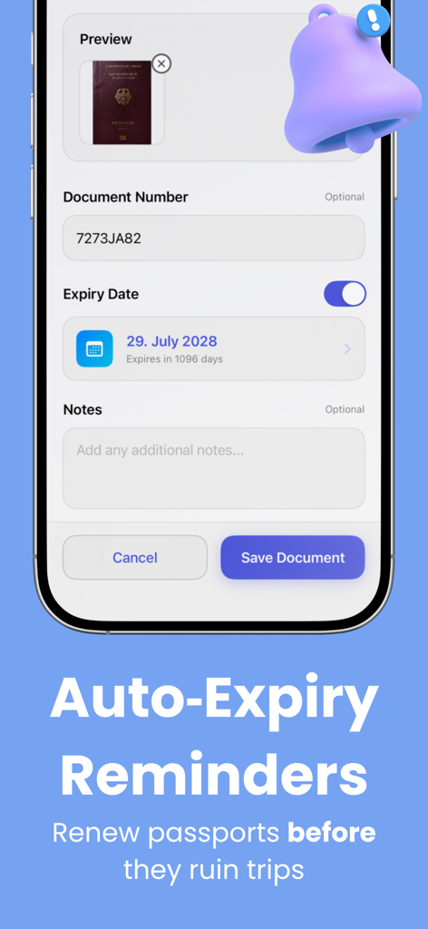 Mobile app interface showing auto-expiry reminders for passport and travel documents with notification bell icon