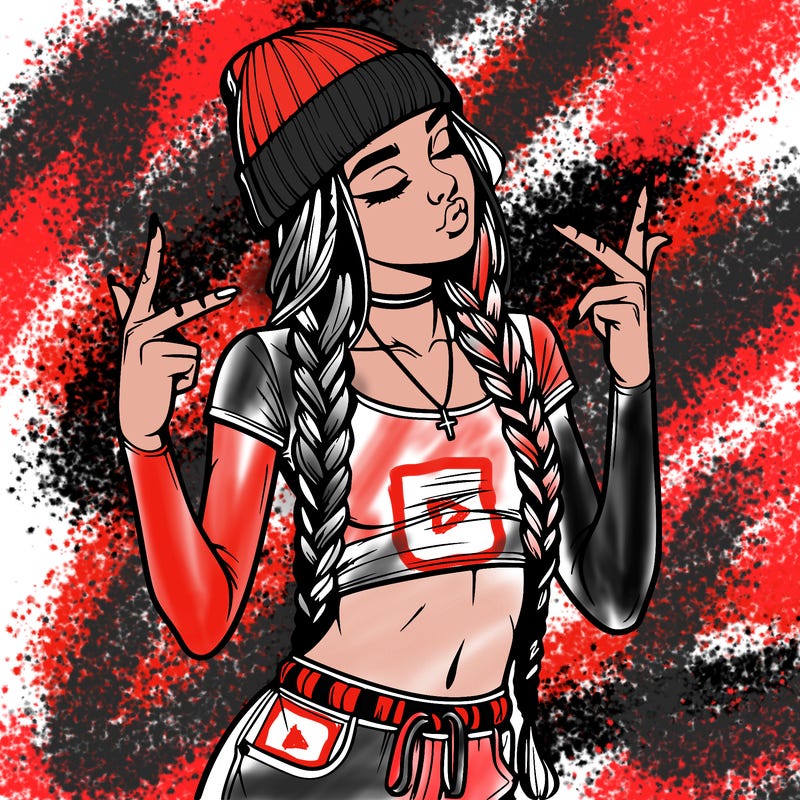 realistic teenage girl with braids and a beanie and crop top doing 🫶🏼