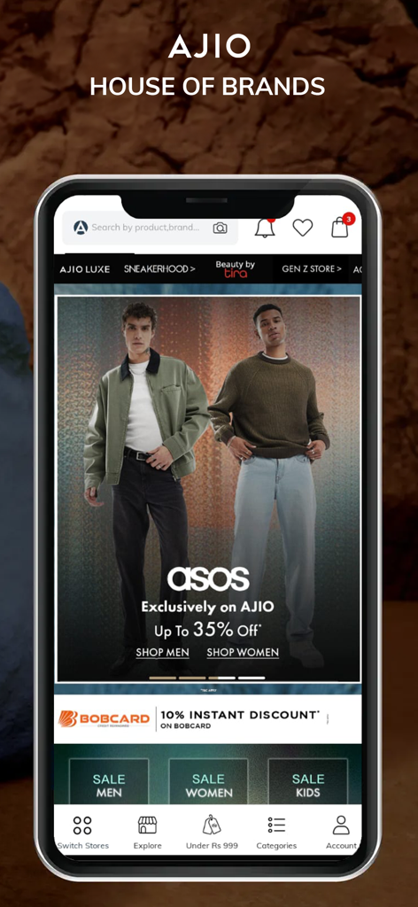 AJIO mobile app homepage featuring an exclusive ASOS fashion collection and discount offers