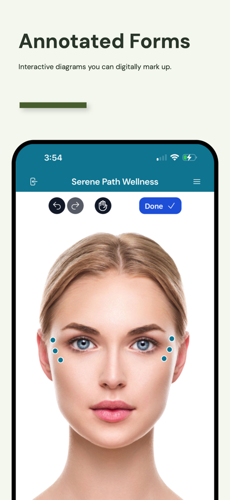 Ovatu - Screenshot of the Ovatu app showing a woman's face with digital annotations for a wellness or aesthetic treatment plan.