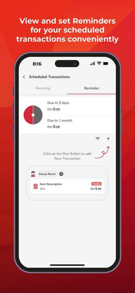Interface of the MyPB app showing scheduled transaction reminders and bill payments