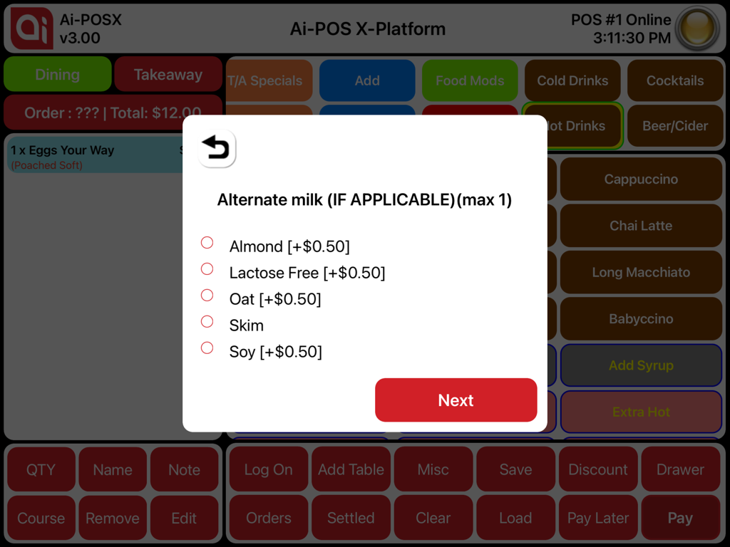 Ai-POSX - Ai-POSX iPad POS interface showing a pop-up for selecting drink modifiers like milk options