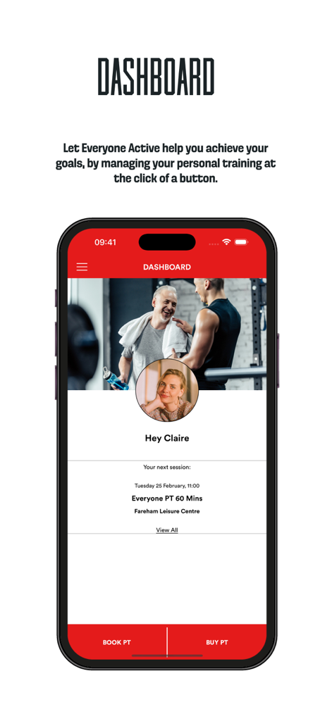 Everyone Active PT - Painel do aplicativo Everyone Active PT mostrando uma sessão de treinamento agendada e botões de reserva rápida.