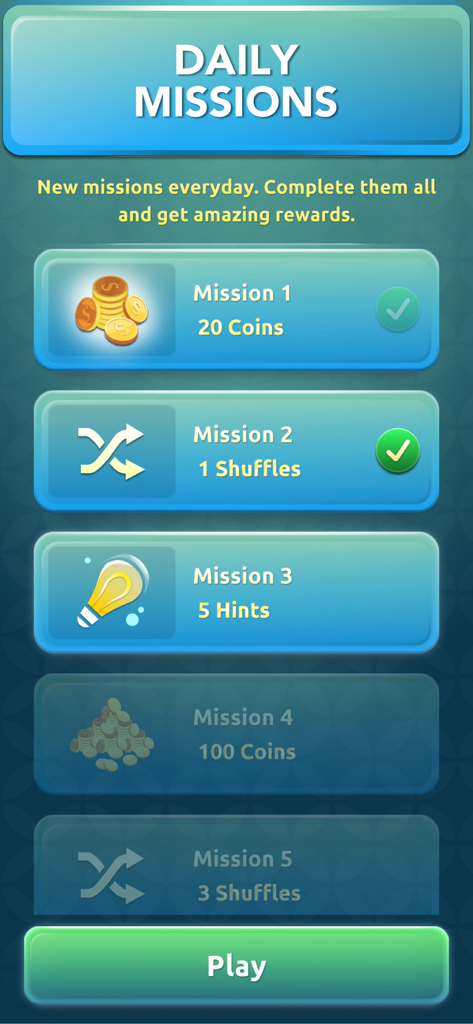 Mahjong Solitaire Classic Tile - Daily missions screen in Mahjong Solitaire Classic Tile showing tasks and rewards like coins, shuffles, and hints.